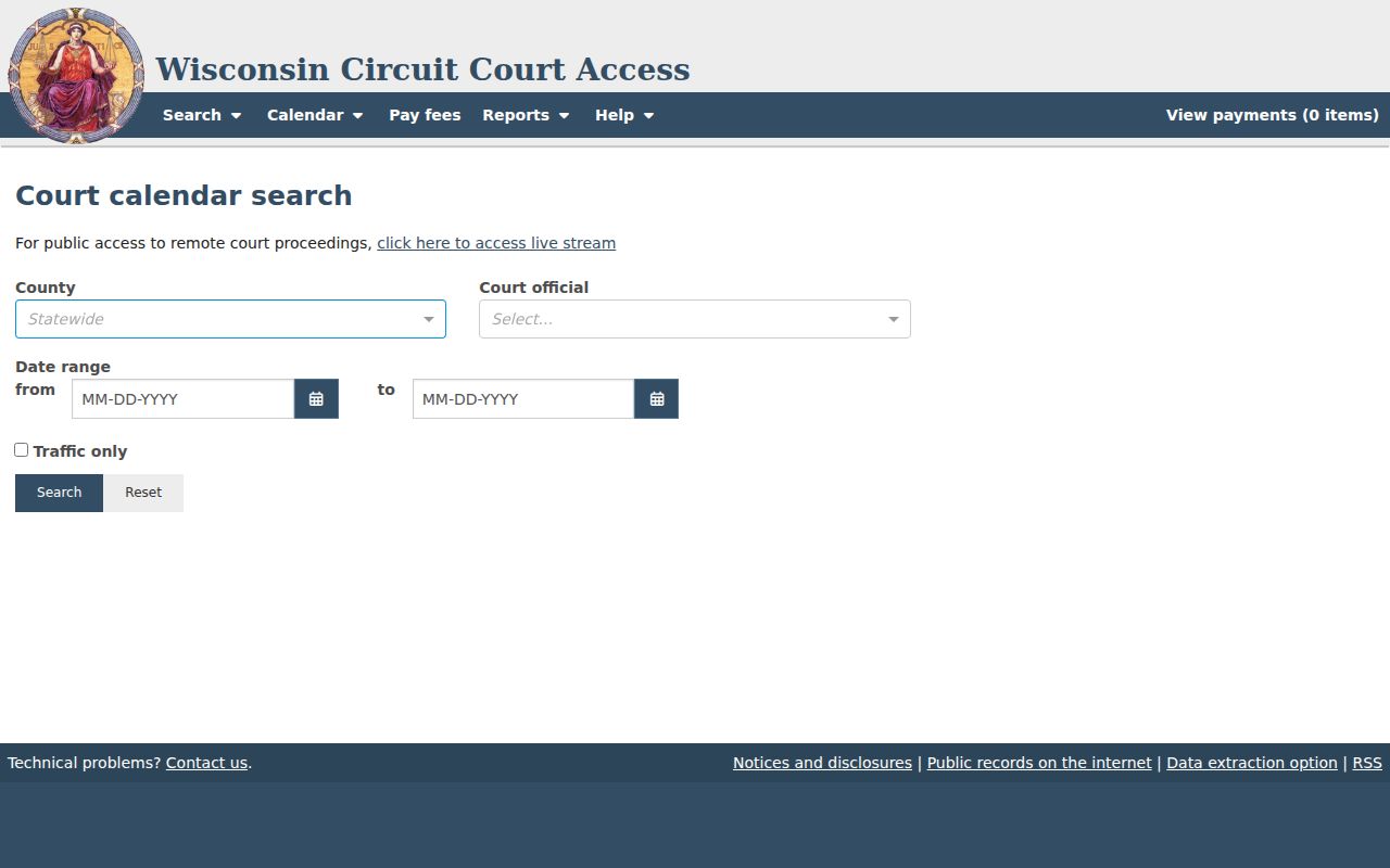 WCCA court official and date calendar search fields