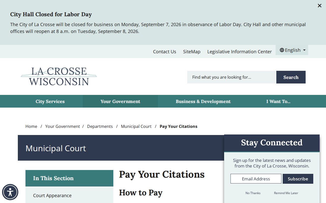 La Crosse County traffic court city citation payment options